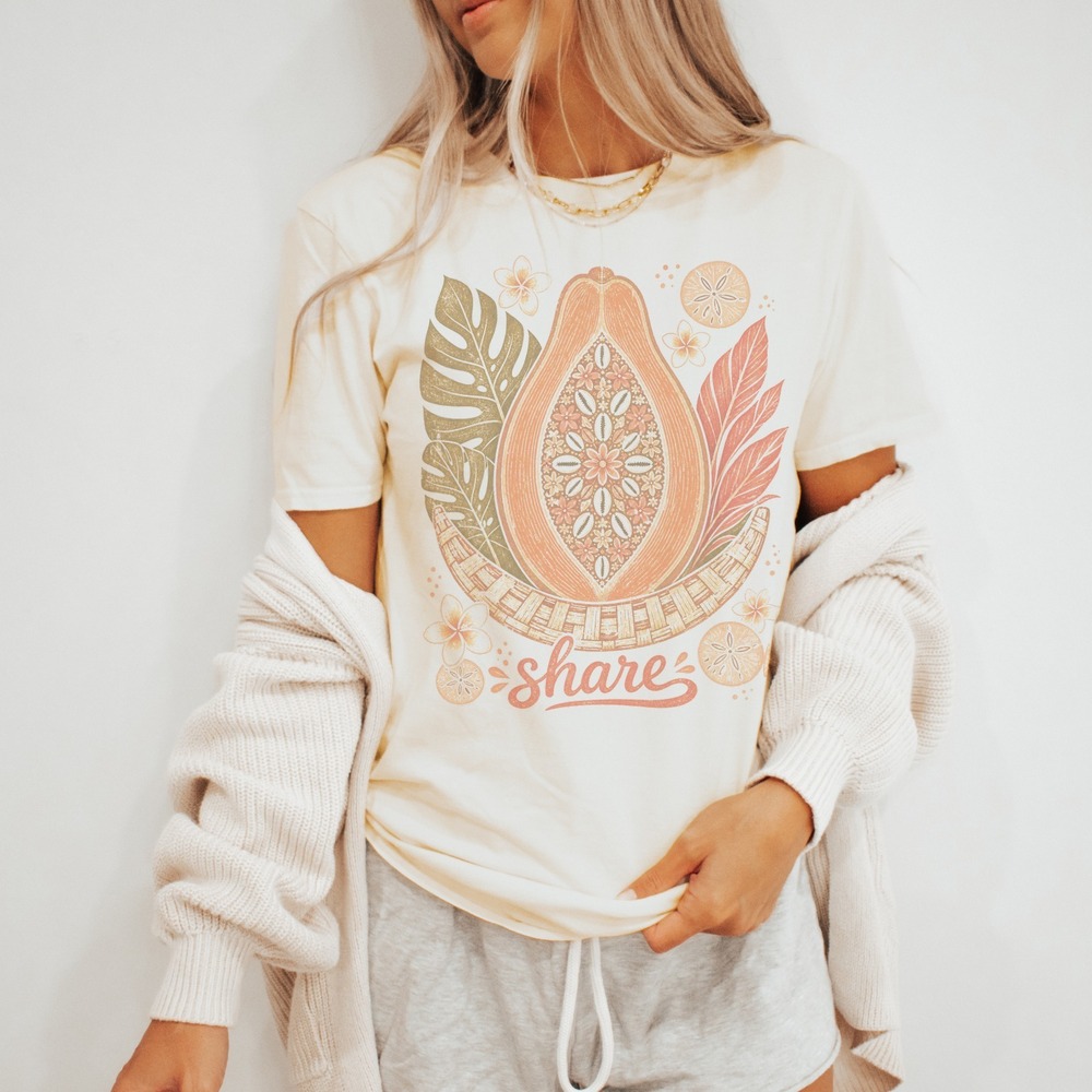 Botanical Papaya Graphic Tee Natural Cotton Hand-Drawn Style Print